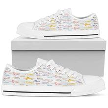 Load image into Gallery viewer, low top canvas shoes with a beach theme including seashells, starfish and anchors