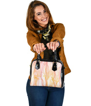 Load image into Gallery viewer, small shoulder bag with pink and peach wisps design and black paneling