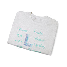 Load image into Gallery viewer, L Alphabet Sweatshirt, Optimistic, Motivational, Mental Health Alphabet Initial "L" Unisex Heavy Blend™ Crewneck Sweatshirt, Self-affirming Sweatshirt