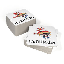 Load image into Gallery viewer, Stack of 50 square coasters with a pirate design and 'It's RUM day' text on a white background