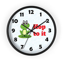 Load image into Gallery viewer, 10 inch round wall clock with a frog and the message 'hop to it'