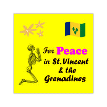 Load image into Gallery viewer, square vinyl sticker with a skeleton praying for peace in St. Vincent and the Grenadines