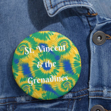 Load image into Gallery viewer, St. Vincent and the Grenadines Tie-Dye Starburst Pin Button – Blue, Yellow & Green Island Pride Badge