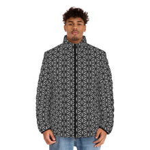 Load image into Gallery viewer, black and white geometric men's puffer jacket with a 6 prong star pattern