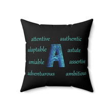 Load image into Gallery viewer, Personalized Black Square Pillow – Letter "A" with Motivational A-Words