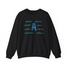 Load image into Gallery viewer, black sweatshirt with the letter A surrounded by positive a words