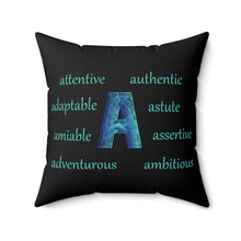Load image into Gallery viewer, Personalized Black Square Pillow – Letter "A" with Motivational A-Words