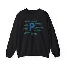 Load image into Gallery viewer, P Alphabet Sweatshirt, Optimistic, Mental Health, Motivational Alphabet Initial "P" Unisex Heavy Blend™ Crewneck Sweatshirt, Self-affirming Sweatshirt