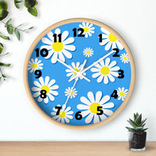 Load image into Gallery viewer, Daisies on Blue Wall Clock, Daisy Wall Clock, Blue Floral Wall Clock