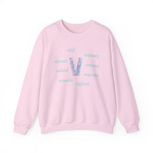 Load image into Gallery viewer, V Alphabet Sweatshirt, Mental Health, Optimistic, Motivational Alphabet Initial "V" Unisex Heavy Blend™ Crewneck Sweatshirt, Self-affirming Sweatshirt