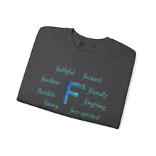 Load image into Gallery viewer, F Alphabet Sweatshirt, Alphabet Initial "F" Unisex Heavy Blend™ Optimistic, Mental Health, Motivational Crewneck Sweatshirt, Self-affirming Sweatshirt