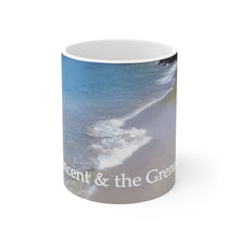 Load image into Gallery viewer, 11oz souvenir ceramic mug featuring a picture of a beach in Mayreau