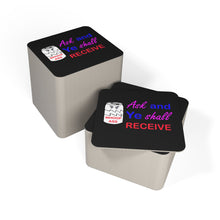 Load image into Gallery viewer, Stack of 100 black square coasters with humorous 'Ask and ye shall receive' text and graphic design of a can of whoop ass on a black background