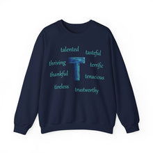 Load image into Gallery viewer, T Alphabet Sweatshirt, Alphabet Initial "T", Mental Health, Motivational, Optimistic Unisex Heavy Blend™ Crewneck Sweatshirt, Self-affirming Sweatshirt