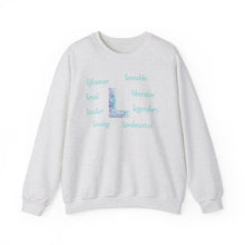 Load image into Gallery viewer, L Alphabet Sweatshirt, Optimistic, Motivational, Mental Health Alphabet Initial "L" Unisex Heavy Blend™ Crewneck Sweatshirt, Self-affirming Sweatshirt