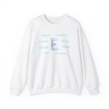 Load image into Gallery viewer, white sweatshirt with a letter E surrounded by positive E words