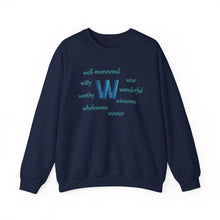 Load image into Gallery viewer, W Alphabet Sweatshirt, Motivational, Optimistic, mental Health, Alphabet Initial "W" Unisex Heavy Blend™ Crewneck Sweatshirt, Self-affirming Sweatshirt