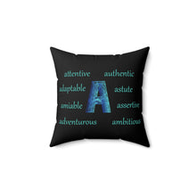 Load image into Gallery viewer, Personalized Black Square Pillow – Letter "A" with Motivational A-Words
