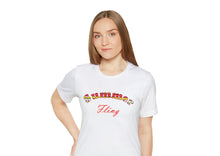 Load image into Gallery viewer, white t-shirt with the caption 'summer fling''