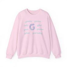 Load image into Gallery viewer, pink sweatshirt with the letter G surrounded by positive g words