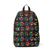 Load image into Gallery viewer, black unisex fabric backpack covered with a variety of multicolored paw prints