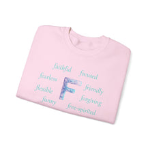 Load image into Gallery viewer, F Alphabet Sweatshirt, Alphabet Initial "F" Unisex Heavy Blend™ Optimistic, Mental Health, Motivational Crewneck Sweatshirt, Self-affirming Sweatshirt
