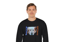 Load image into Gallery viewer, black sweatshirt with a heterochromia dog face and the caption sorry, not sorry
