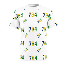 Load image into Gallery viewer, White t-shirt with St. Vincent and the Grenadines area code 784 repeated on it in national colors