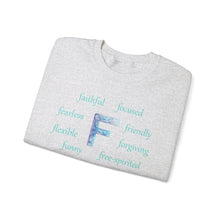 Load image into Gallery viewer, F Alphabet Sweatshirt, Alphabet Initial "F" Unisex Heavy Blend™ Optimistic, Mental Health, Motivational Crewneck Sweatshirt, Self-affirming Sweatshirt