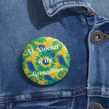 Load image into Gallery viewer, St. Vincent and the Grenadines Tie-Dye Starburst Pin Button – Blue, Yellow & Green Island Pride Badge