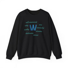 Load image into Gallery viewer, W Alphabet Sweatshirt, Motivational, Optimistic, mental Health, Alphabet Initial "W" Unisex Heavy Blend™ Crewneck Sweatshirt, Self-affirming Sweatshirt
