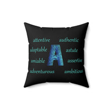 Load image into Gallery viewer, Personalized Black Square Pillow – Letter "A" with Motivational A-Words