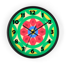 Load image into Gallery viewer, 10 inch round wall clock with a green, yellow, red and blue geometric mandala design