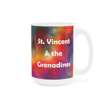 Load image into Gallery viewer, 15oz ceramic coffee mug with a tie dye design and the caption St. Vincent and the Grenadines