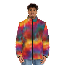 Load image into Gallery viewer, men's puffer jacket in tie-dye colors of blue, green, red, yellow and orange