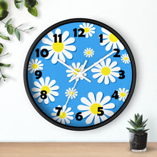 Load image into Gallery viewer, Daisies on Blue Wall Clock, Daisy Wall Clock, Blue Floral Wall Clock