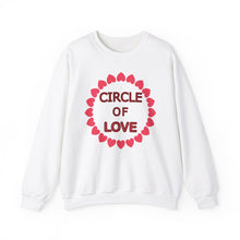 Load image into Gallery viewer, White unisex sweatshirt with a circle of hearts enclosing the words 'circle of love'