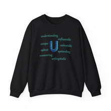 Load image into Gallery viewer, black sweatshirt with the letter U and motivating u words