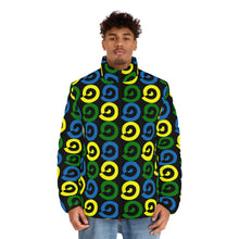Load image into Gallery viewer, men's puffer jacket with St. Vincent and the Grenadines' national colored spirals