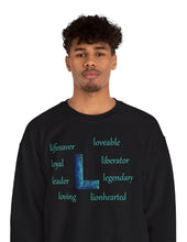 Load image into Gallery viewer, black sweatshirt with the letter L surrounded by l words