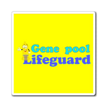 Load image into Gallery viewer, square gene pool lifeguard magnet with a yellow background