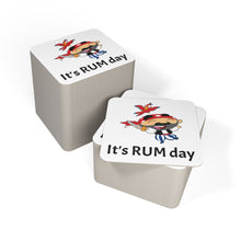 Load image into Gallery viewer, Stack of 100 square coasters with 'It's RUM day' text and a pirate design on a white background