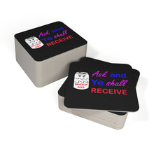 Load image into Gallery viewer, Stack of 50 black square coasters with humorous 'Ask and ye shall receive' text and graphic design of a can of whoop ass on a black background