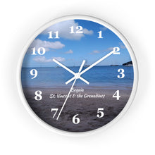 Load image into Gallery viewer, 10 inch round white wall clock showing a picture of Bequia beach in St. Vincent and the Grenadines
