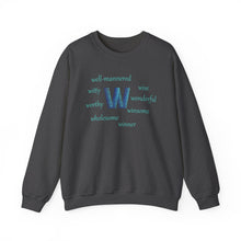 Load image into Gallery viewer, W Alphabet Sweatshirt, Motivational, Optimistic, mental Health, Alphabet Initial "W" Unisex Heavy Blend™ Crewneck Sweatshirt, Self-affirming Sweatshirt