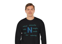 Load image into Gallery viewer, black sweatshirt with the letter N surrounded by motivational n words