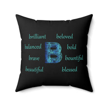 Load image into Gallery viewer, Motivational 'B' Letter Throw Pillow – Black Square Cushion with Inspirational B-Words