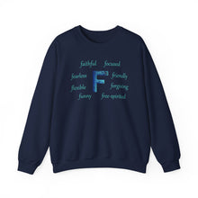 Load image into Gallery viewer, F Alphabet Sweatshirt, Alphabet Initial "F" Unisex Heavy Blend™ Optimistic, Mental Health, Motivational Crewneck Sweatshirt, Self-affirming Sweatshirt