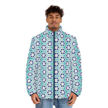Load image into Gallery viewer, blue men's puffer jacket with blue geometric design