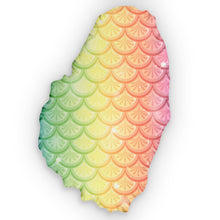 Load image into Gallery viewer, St. Vincent map-shaped accent throw pillow with design of lemon wedges in tropical colors of blue, green, yellow, orange, red and purple